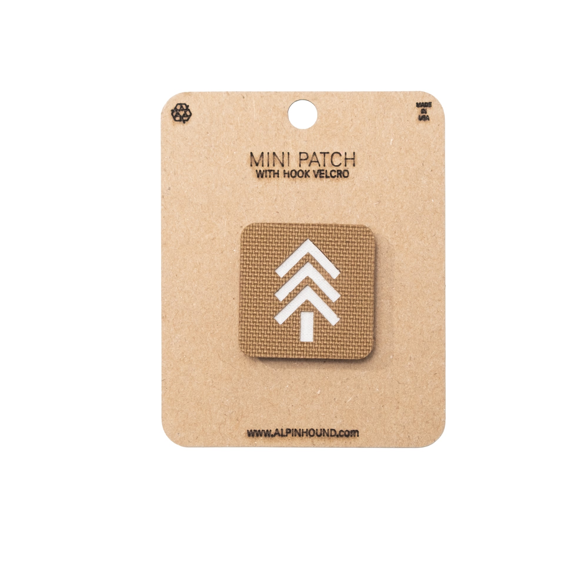 Mini patch with hook and velcro on a cardboard backing with branding.