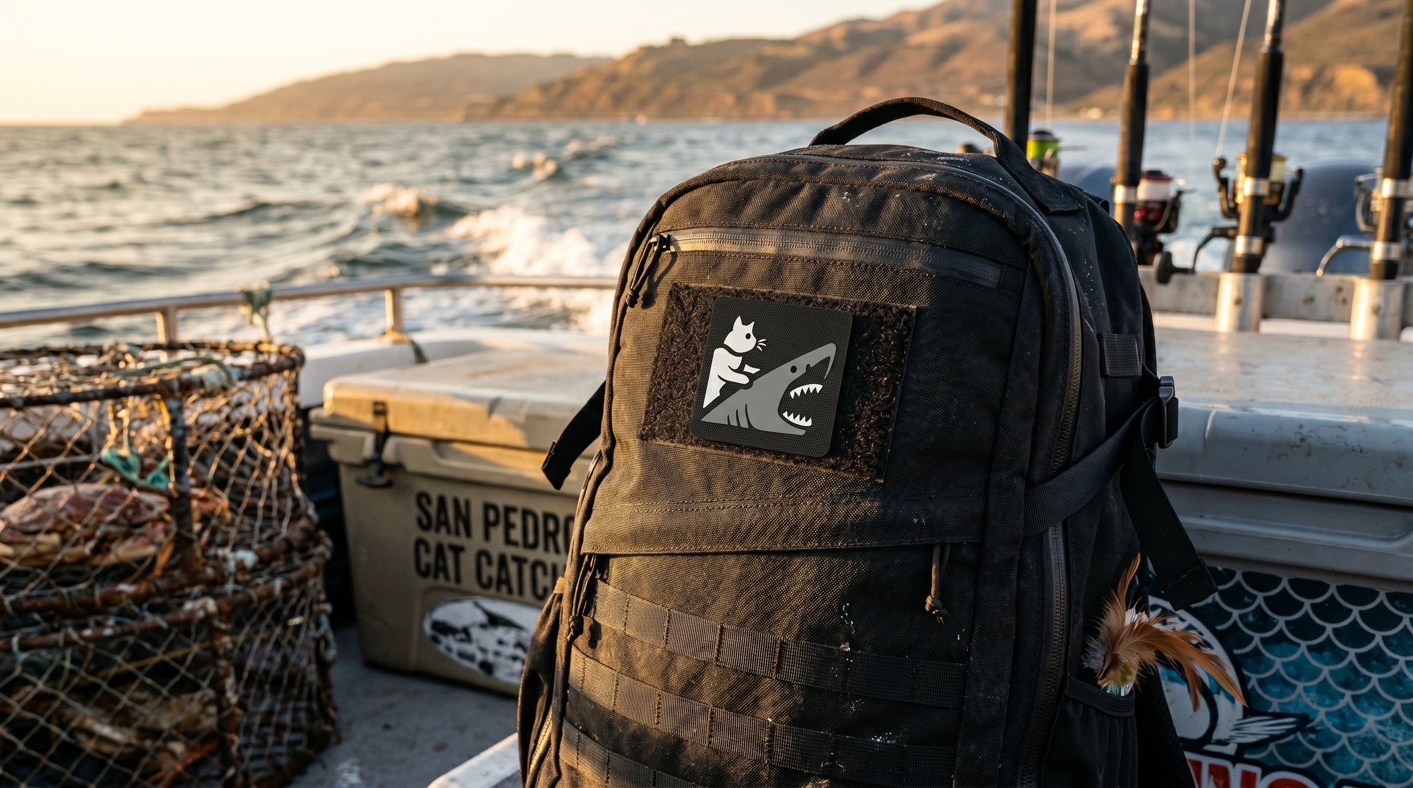Cat Riding a Great White Shark Tactical Patch 2X2 Cordura Morale Patch