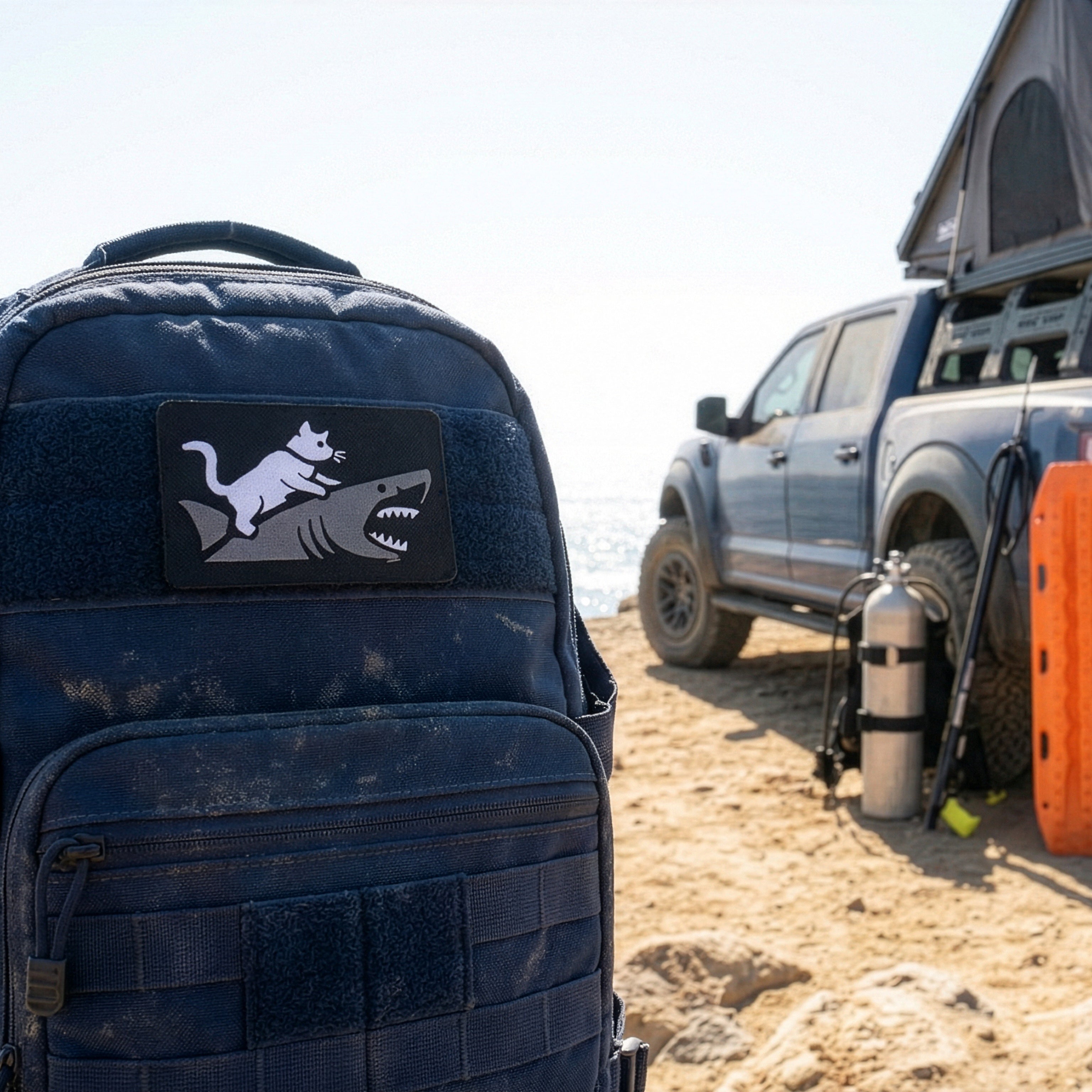 Cat Riding a Great White Shark Tactical Patch 3X2 Cordura Morale Patch by Alpinhound Supply