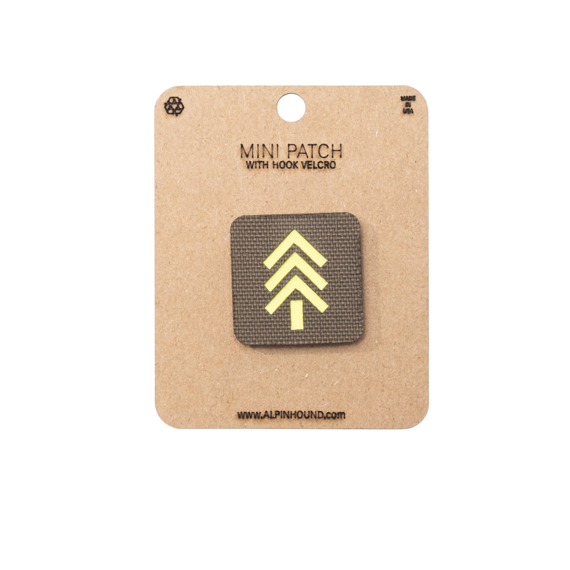 Mini patch with hook and velcro on a cardboard backing with &#39;Alpinhound&#39; branding.
