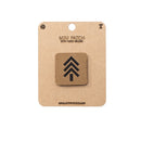 Mini patch with hook and velcro on a cardboard backing with branding information.