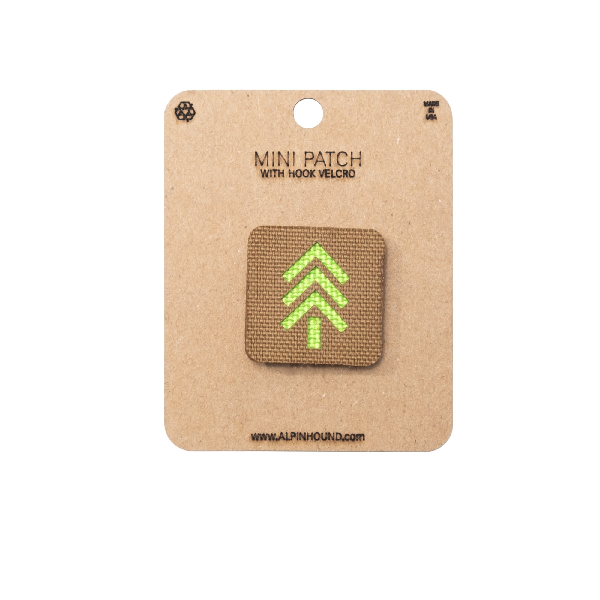 Mini Coyote Brown patch with green tree symbol on a brown card, featuring &#39;Alpinhound&#39; branding.