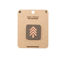 Mini patch with hook and velcro on a cardboard backing with brand name.