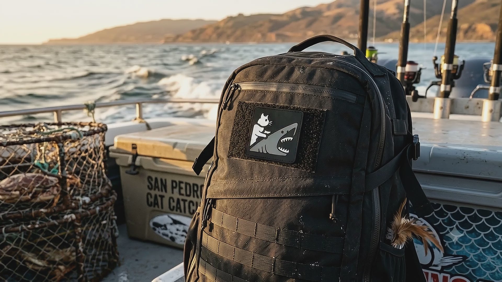 Cat Riding a Great White Shark Tactical Patch 2X2 Cordura Morale Patch