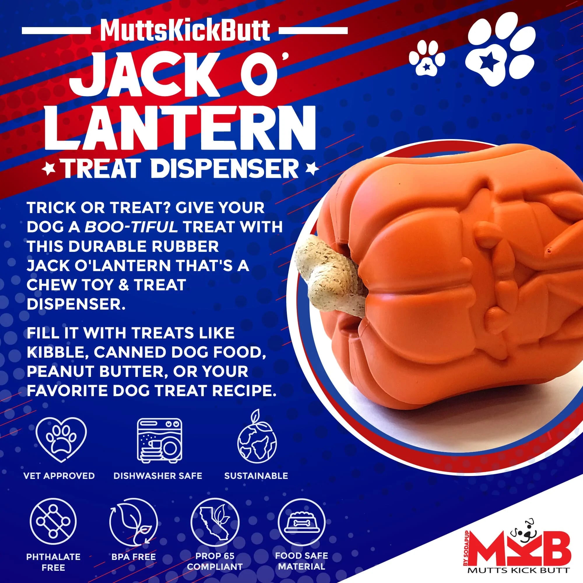 MKB Jack O&#39; Lantern Rubber Chew Toy &amp; Treat Dispenser